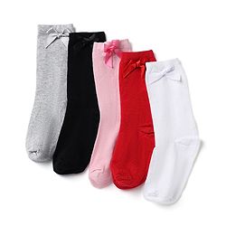 Pine Kids Cotton Knit Mid Calf Length Socks With Bow Applique Pack of 5 - Light Grey, Black, White, Pink & Red