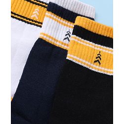Pine Kids Cotton Nylon Spandex Mid-Calf Length Socks with Stripes & Pine Kids Text Design Pack of 3 - Black White Navy Blue