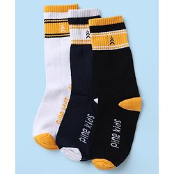 Pine Kids Cotton Nylon Spandex Mid-Calf Length Socks with Stripes & Pine Kids Text Design Pack of 3 - Black White Navy Blue