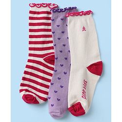 Pine Kids Cotton Nylon Spandex Mid-Calf Length Striped Socks with Heart & Pine Kids Text Design Pack of 3 - Violet Red White