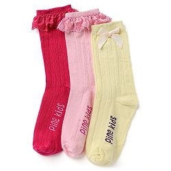 Pine Kids Cotton Knit Calf Length Socks With Logo Embroidery & Frill Detailing Pack of 3 - Dark Pink, Red & Yellow