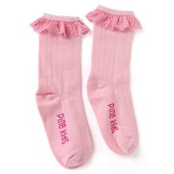 Pine Kids Cotton Knit Calf Length Socks With Logo Embroidery & Frill Detailing Pack of 3 - Dark Pink, Red & Yellow