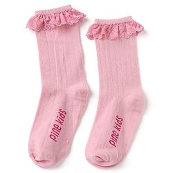 Pine Kids Cotton Knit Calf Length Socks With Logo Embroidery & Frill Detailing Pack of 3 - Dark Pink, Red & Yellow