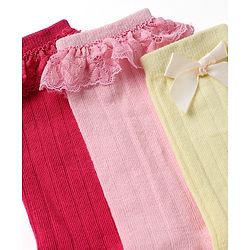 Pine Kids Cotton Knit Calf Length Socks With Logo Embroidery & Frill Detailing Pack of 3 - Dark Pink, Red & Yellow