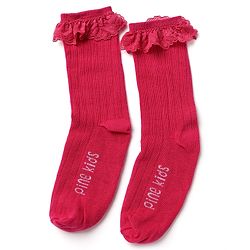 Pine Kids Cotton Knit Calf Length Socks With Logo Embroidery & Frill Detailing Pack of 3 - Dark Pink, Red & Yellow