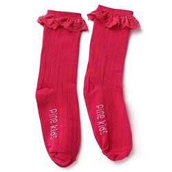 Pine Kids Cotton Knit Calf Length Socks With Logo Embroidery & Frill Detailing Pack of 3 - Dark Pink, Red & Yellow
