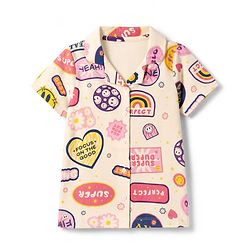 Pine Kids Cotton Knit Half Sleeves Co-Ords Shirt & Pyjama Night Suit with Heart Rainbow & Floral Print - Offwhite