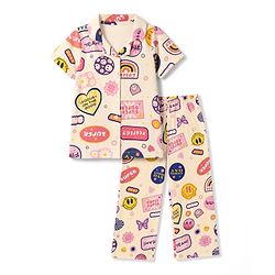 Pine Kids Cotton Knit Half Sleeves Co-Ords Shirt & Pyjama Night Suit with Heart Rainbow & Floral Print - Offwhite