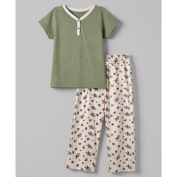 Pine Kids Cotton Knit Half Sleeves T-Shirt & Pyjama Night Suit with Floral Print - Green