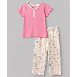 Pine Kids Cotton Knit Half Sleeves T-Shirt & Pyjama Night Suit with Floral Print - Pink