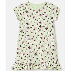 Pine Kids Cotton Knit Half Sleeves Nighty with Floral Print - Limegreen