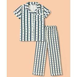 Pine Kids Cotton Knit Half Sleeves Striped Co-Ords Shirt & Pyjama Night Suit with Heart Print - White