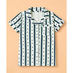 Pine Kids Cotton Knit Half Sleeves Striped Co-Ords Shirt & Pyjama Night Suit with Heart Print - White