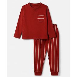 Pine Kids 100% Cotton Single Jersey Knit Full Sleeves T-Shirt & Striped Pyjama Night Suit with Bio Wash - Red