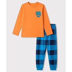 Pine Kids Cotton Knit Half Sleeves T-Shirt & Checks Pyjama Night Suit with Game Over Print - Orange