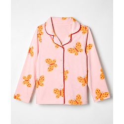 Pine Kids 100% Cotton Knit Full Sleeves Shirt & Pyjama Co-Ords Set With Butterfly Print - Red