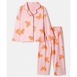 Pine Kids 100% Cotton Knit Full Sleeves Shirt & Pyjama Co-Ords Set With Butterfly Print - Red