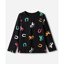 Pine Kids 100% Cotton Bio Washed Single Jersery 180 GSM Knit Full Sleeves Co-ord T-Shirt & Pajama Night Suit with Horseshoe & Horse Print - Black