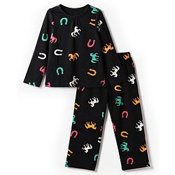 Pine Kids 100% Cotton Bio Washed Single Jersery 180 GSM Knit Full Sleeves Co-ord T-Shirt & Pajama Night Suit with Horseshoe & Horse Print - Black