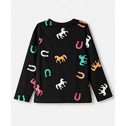Pine Kids 100% Cotton Bio Washed Single Jersery 180 GSM Knit Full Sleeves Co-ord T-Shirt & Pajama Night Suit with Horseshoe & Horse Print - Black