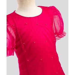 Pine Kids Mesh Woven Half Puffed Sleeves Party Dress With Pearl Embellishment - Dark Pink
