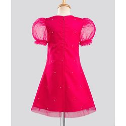 Pine Kids Mesh Woven Half Puffed Sleeves Party Dress With Pearl Embellishment - Dark Pink