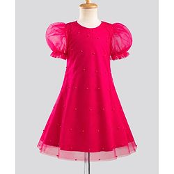 Pine Kids Mesh Woven Half Puffed Sleeves Party Dress With Pearl Embellishment - Dark Pink