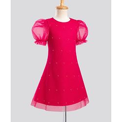 Pine Kids Mesh Woven Half Puffed Sleeves Party Dress With Pearl Embellishment - Dark Pink