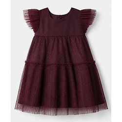 Pine Kids Mesh Woven Sleeveless Embellished Layered Party Dress - Wine