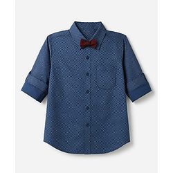 Pine Kids Cotton Woven Full Sleeves Printed Party Shirt With Bow - Blue