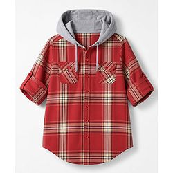 Pine Kids Cotton Woven Full Sleeves Hooded Checks Shirt - Red