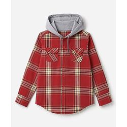 Pine Kids Cotton Woven Full Sleeves Hooded Checks Shirt - Red