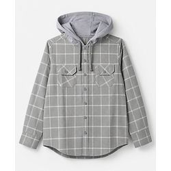 Pine Kids Cotton Woven Hooded Checks Shirt With Full Sleeves - Grey