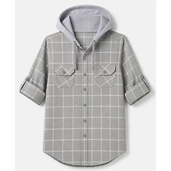 Pine Kids Cotton Woven Hooded Checks Shirt With Full Sleeves - Grey