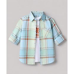 Pine Kids Cotton Woven Check Shirts with T-Shirt/Twofer with Full Sleeves and Street Competition Print in Beige