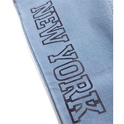 Pine Kids Cotton Elastane Denim Full Length Jeans with Drawcord and New York Text Print - Light Blue