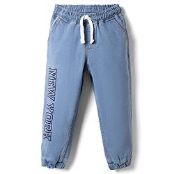 Pine Kids Cotton Elastane Denim Full Length Jeans with Drawcord and New York Text Print - Light Blue