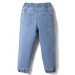 Pine Kids Cotton Elastane Denim Full Length Jeans with Drawcord and New York Text Print - Light Blue