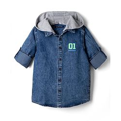 Pine Kids 100% Cotton Woven Denim Hooded Shirts with Full Sleeves and 01 Explorer Print - Blue
