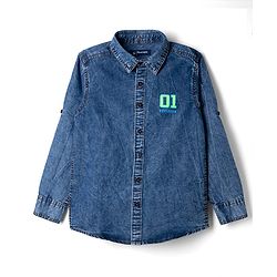 Pine Kids 100% Cotton Woven Denim Hooded Shirts with Full Sleeves and 01 Explorer Print - Blue