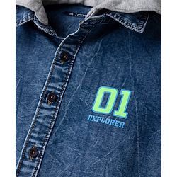 Pine Kids 100% Cotton Woven Denim Hooded Shirts with Full Sleeves and 01 Explorer Print - Blue