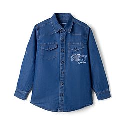 Pine Kids Cotton Woven Denim Shirt with Full Sleeves and Next Leader Print - Navy Blue
