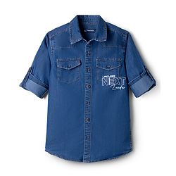Pine Kids Cotton Woven Denim Shirt with Full Sleeves and Next Leader Print - Navy Blue