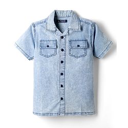 Pine Kids Cotton Woven Half Sleeves Solid Denim Shirt with Washed Finish in Light Blue