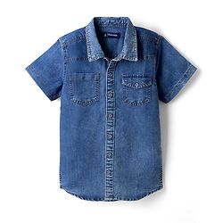 Pine Kids Cotton Woven Solid Denim Shirt with Half Sleeves in Blue