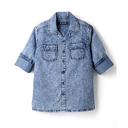 Pine Kids Cotton Woven Denim Shirt with Full Sleeves & Washed Finish in Light Blue