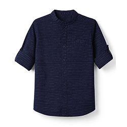 Pine Kids 100% Cotton Woven Striped Shirt with Half Sleeves - Navy Blue