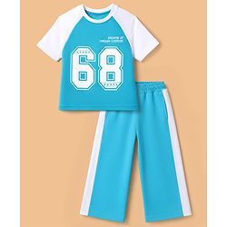 Pine Kids Cotton Mixes Looper Knit Full Trousers and Top with Raglan Half Sleeves and 68 Print - Light/Sky Blue