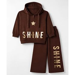 Pine Kids Cotton Looper Knit Full Sleeves Co-ord Hooded T-Shirt and Pant with Star & Shine Love Text Foil Print - Brown