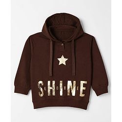 Pine Kids Cotton Looper Knit Full Sleeves Co-ord Hooded T-Shirt and Pant with Star & Shine Love Text Foil Print - Brown